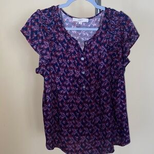 LOFT Navy and Pink Floral Blouse
